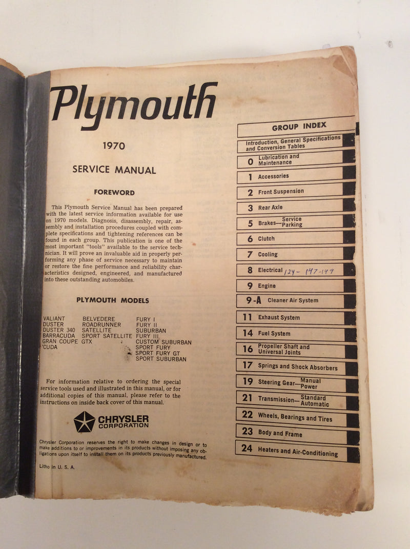 1970 Plymouth Belvedere Fury Barracuda Valiant Repair Service Manual Used Chrysler Motor Company