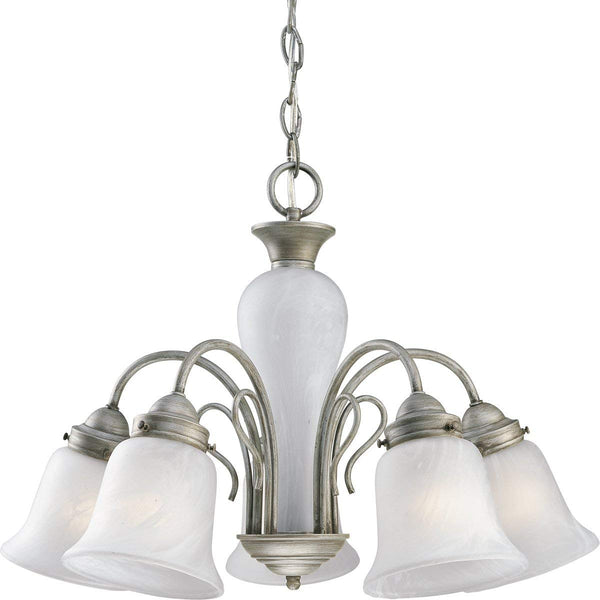 Progress Lighting P4391-44 Five-Light Chandelier with Etched Alabaster Glass Shades and Center Column, Oxford Silver