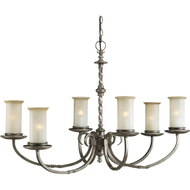 Progress Lighting P4588-103 Six-Light Oval Chandelier with Spiraled Detailing and Pillars Of Jasmine Mist Glass, Antique Pewter