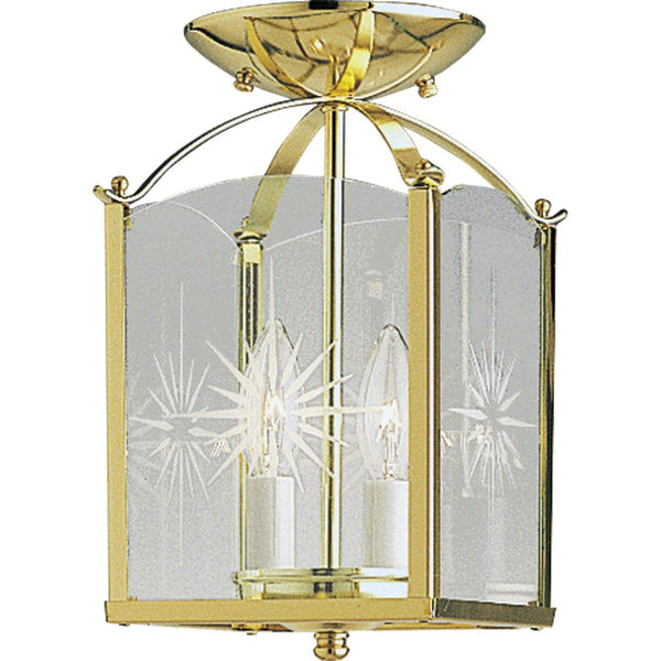 Progress Lighting P3665-10 Four-Sided Foyer Fixture with Clear Decorated Glass with Chain and Ceiling Mounts Both Included, Polished Brass