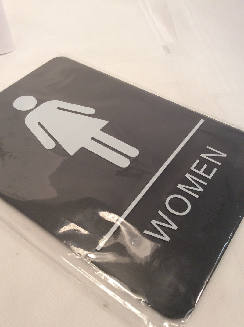 Women’s restroom bathroom sign with Braille 6x9” ADA compliant self adhesive tape black white