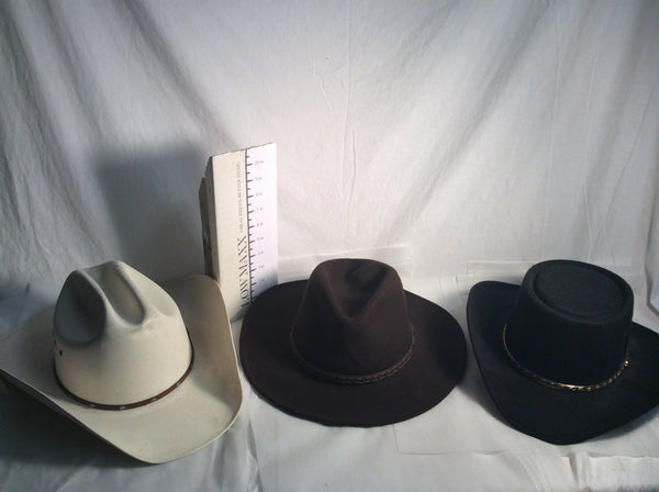 3 hats. 1 Wrangler. 1 Stetson.  1 TGH